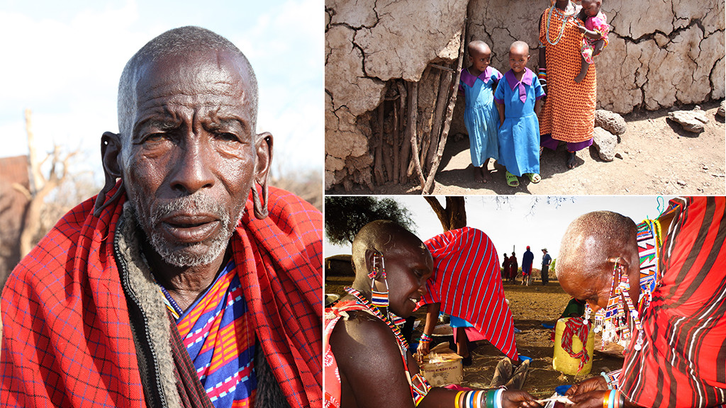 Kenyan woman and children standing in front of hut