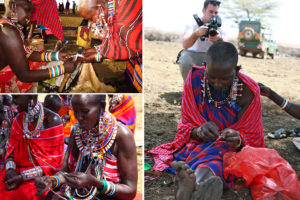 Kenyan women creating beaded necklaces