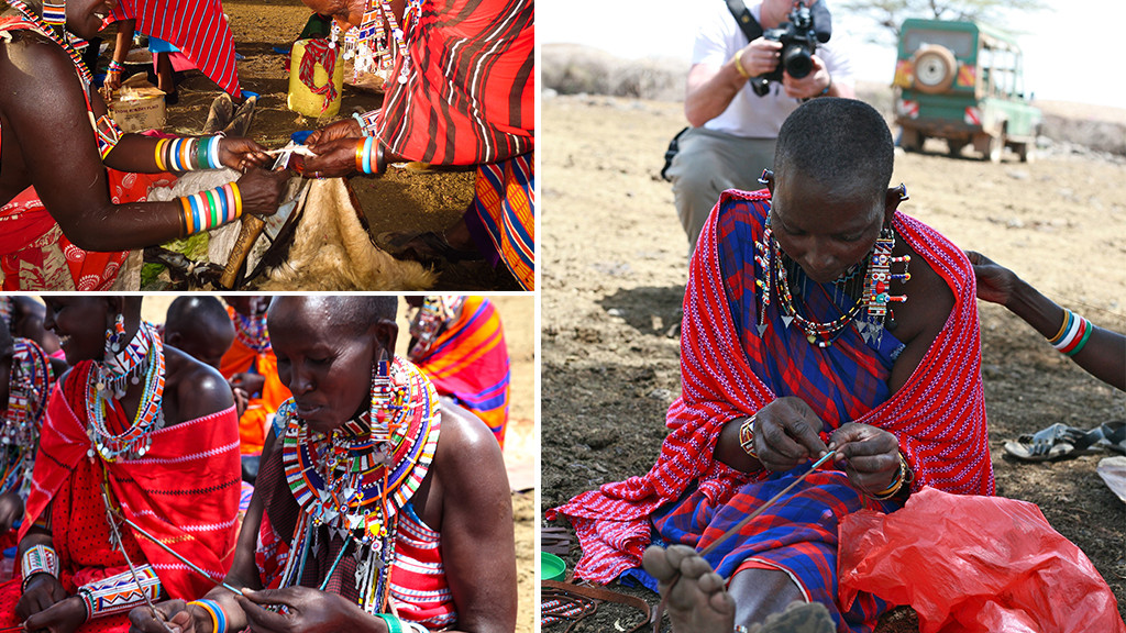 Kenyan women creating beaded necklaces